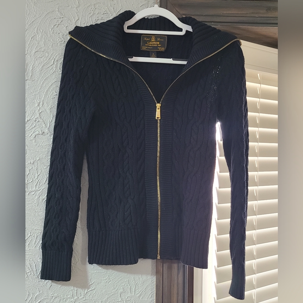 Lauren Ralph Lauren Navy Cable-Knit Zip Hoodie with Gold Zipper